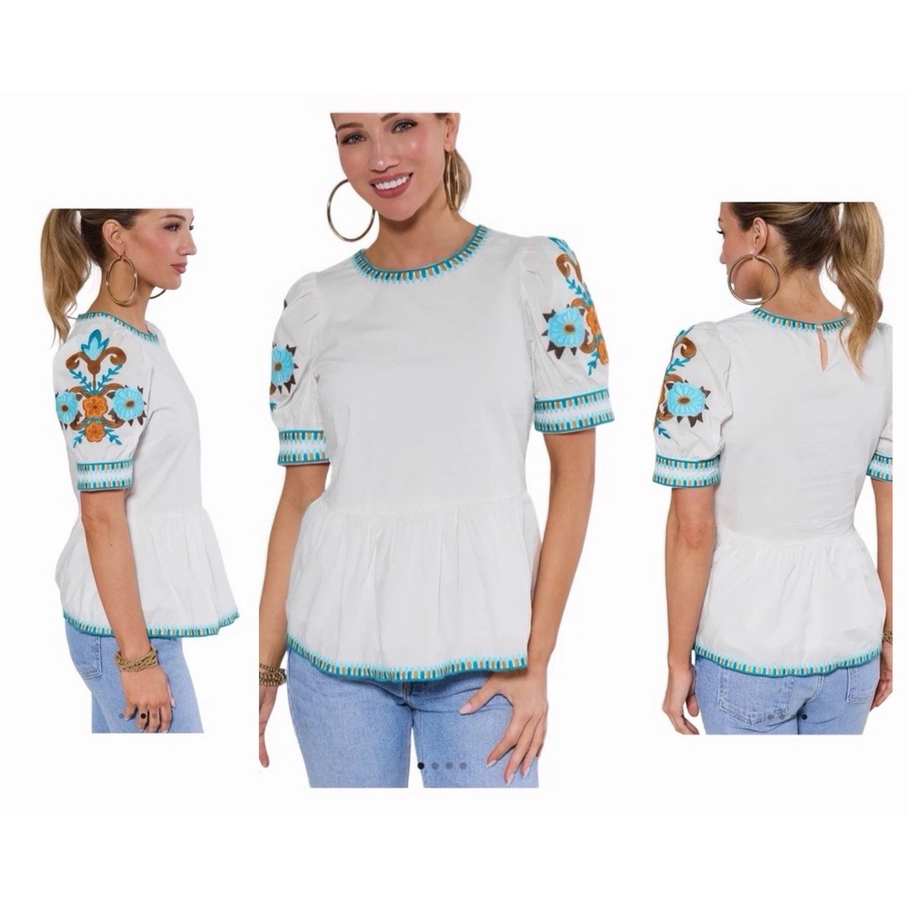 Avara Eileen White Embroidered Floral Peplum Top XS Coastal Chic Boho Luxe NWT